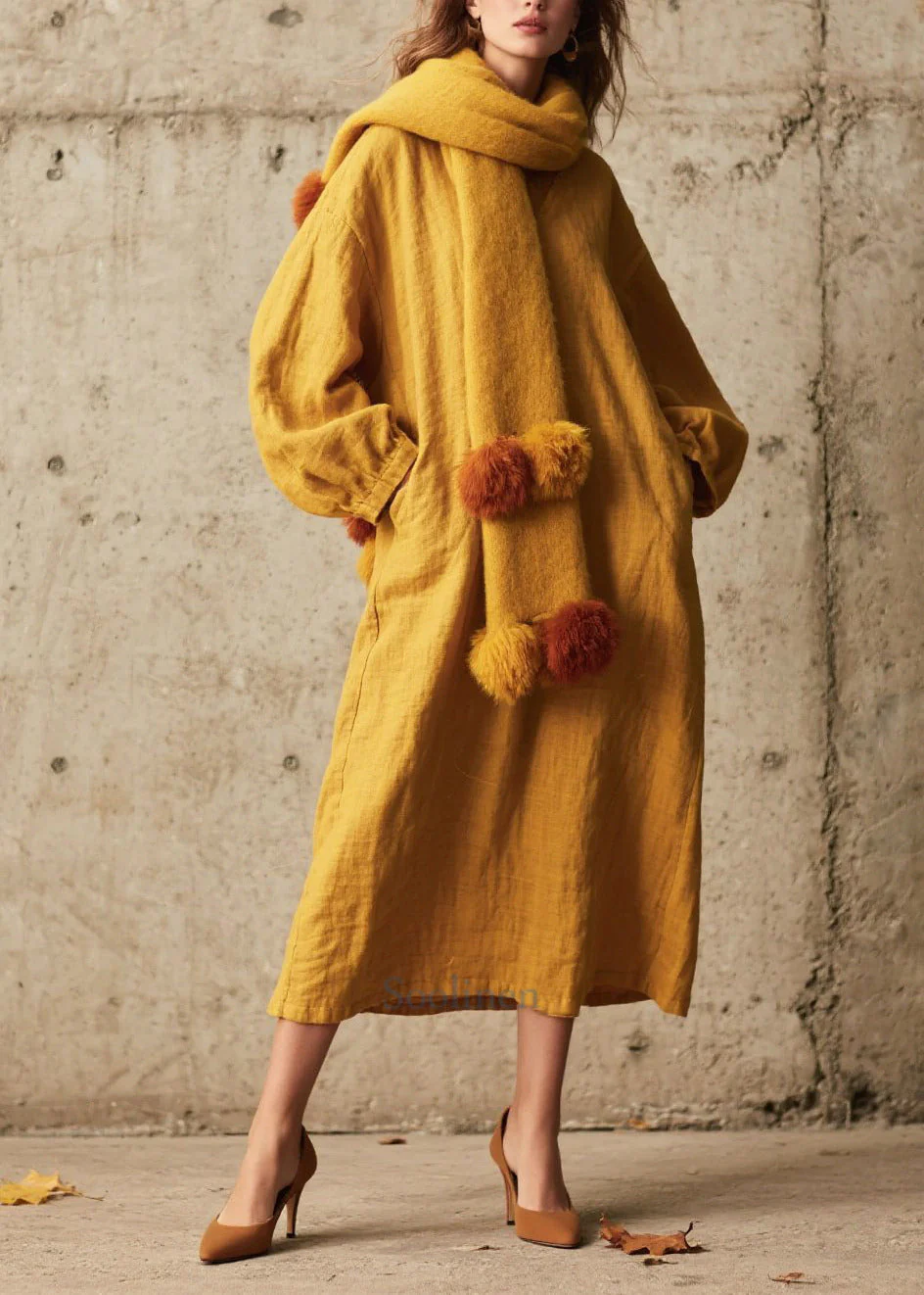 Vintage Yellow Oversized Cotton Ankle Dress Fall - Image 5