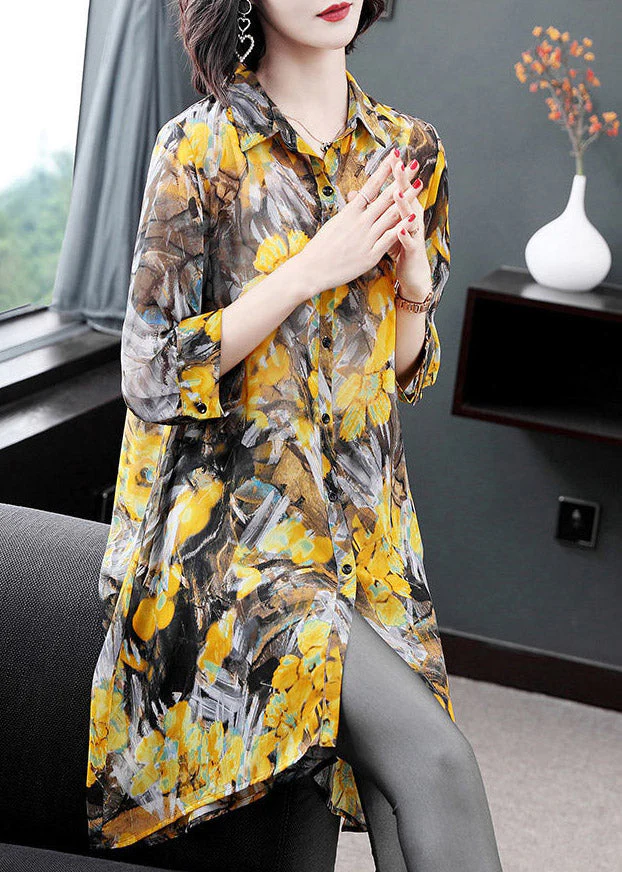 Vintage Yellow Peter Pan Collar Print Button Chiffon Dress Bracelet Sleeve - Image 2