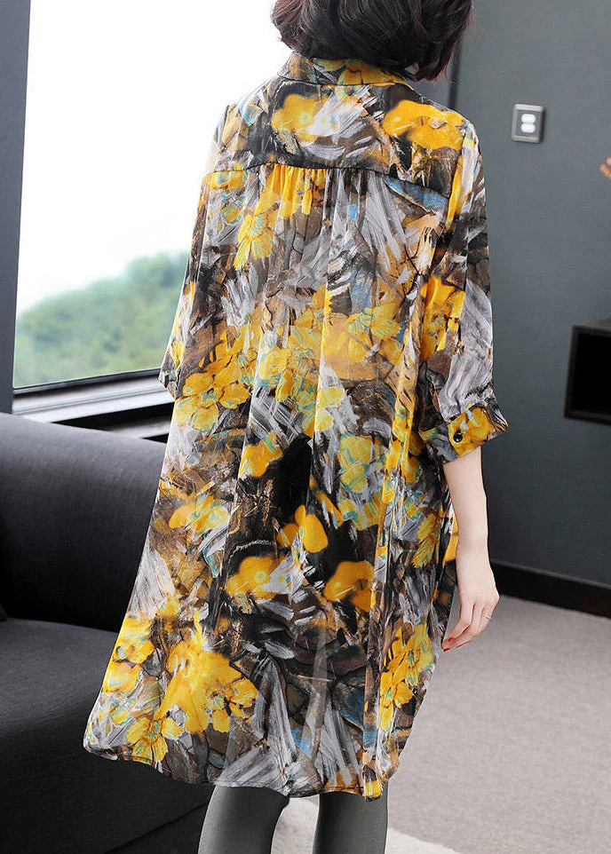 Vintage Yellow Peter Pan Collar Print Button Chiffon Dress Bracelet Sleeve - Image 5