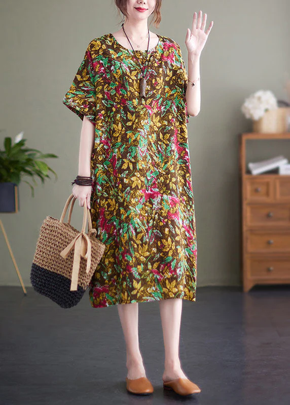 Vintage Yellow Print O-Neck Cotton Long Dresses Short Sleeve - Image 2