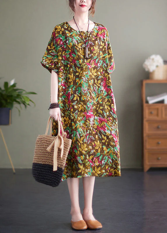 Vintage Yellow Print O-Neck Cotton Long Dresses Short Sleeve - Image 3