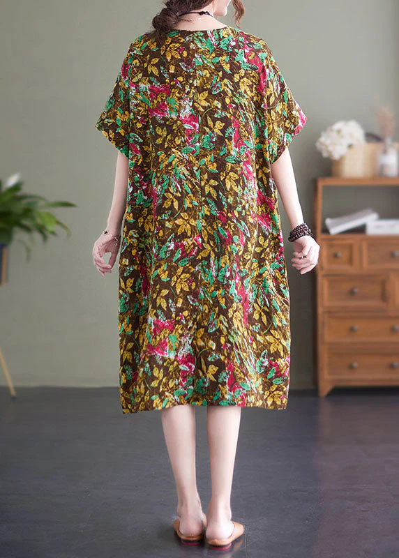 Vintage Yellow Print O-Neck Cotton Long Dresses Short Sleeve - Image 4