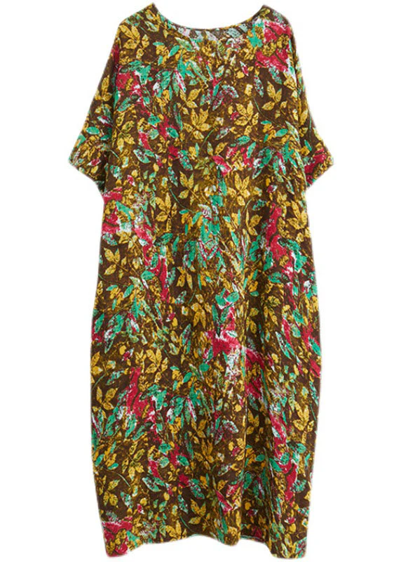 Vintage Yellow Print O-Neck Cotton Long Dresses Short Sleeve - Image 5