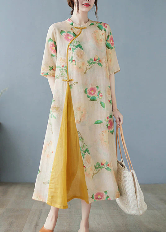 Vintage Yellow Print Patchwork Button Linen Long Dress Half Sleeve - Image 2