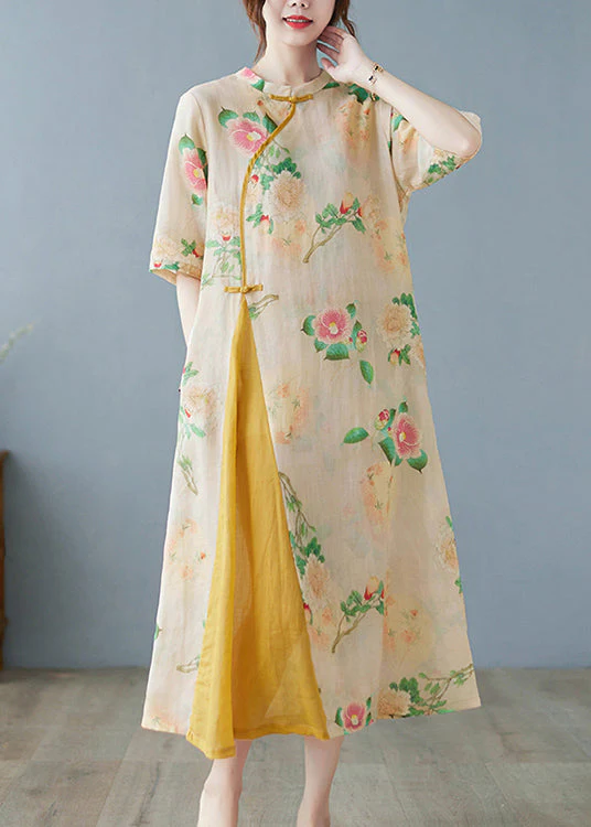 Vintage Yellow Print Patchwork Button Linen Long Dress Half Sleeve - Image 3
