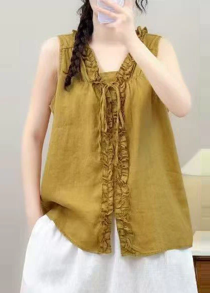Vintage Yellow Ruffled Linen Shirt Tops Sleeveless - Image 2