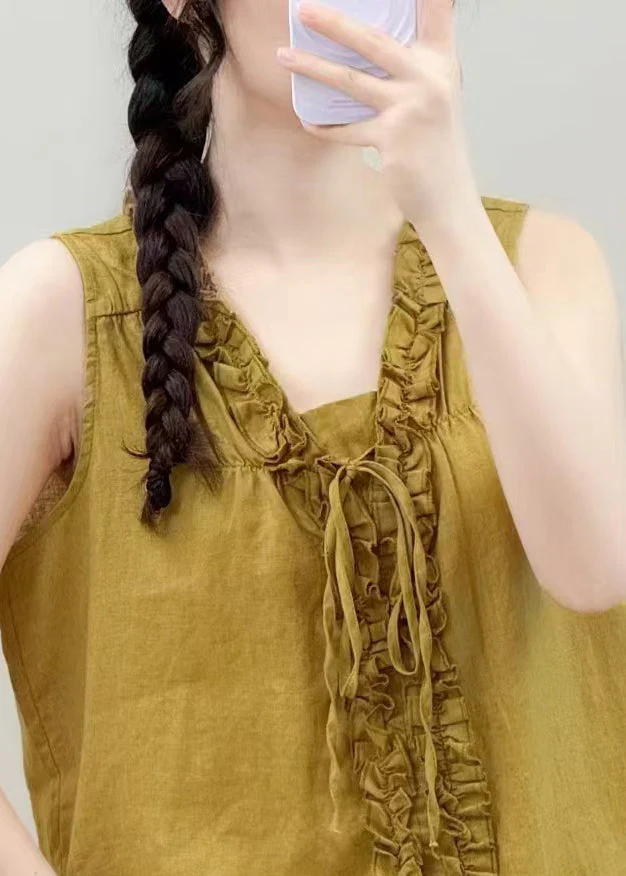 Vintage Yellow Ruffled Linen Shirt Tops Sleeveless - Image 3