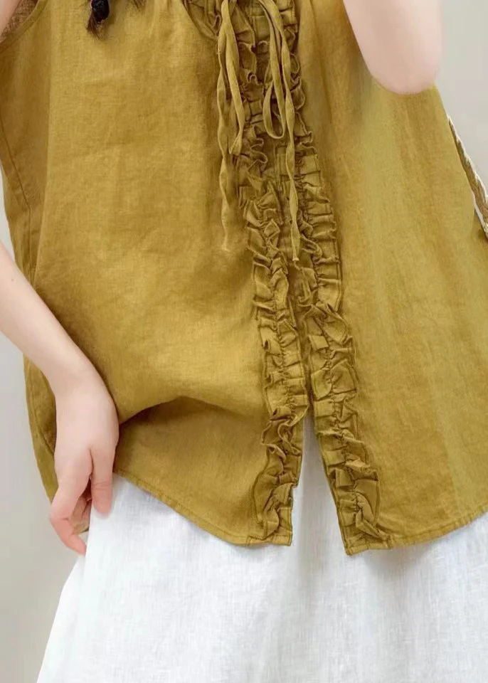 Vintage Yellow Ruffled Linen Shirt Tops Sleeveless - Image 4