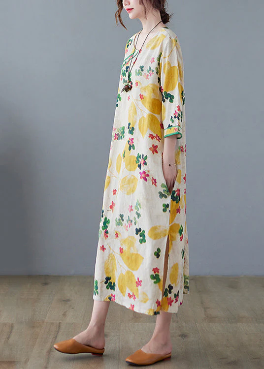 Vintage Yellow Side Open O-Neck Print Cotton Loose Dress Three Quarter sleeve - Image 4