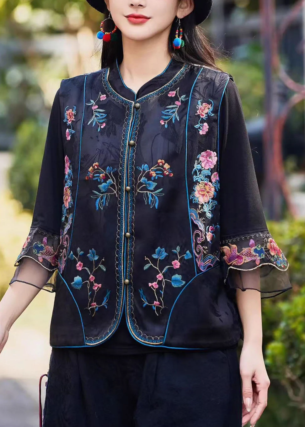 Vintage Yellow Stand Collar Embroideried Silk Vest Sleeveless - Image 4