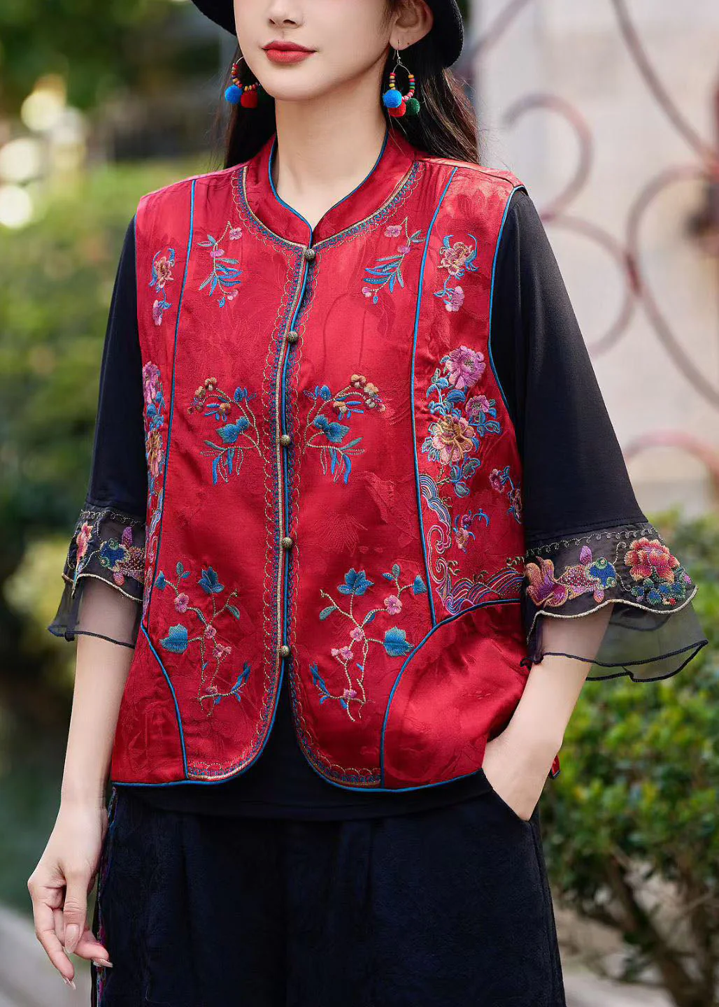 Vintage Yellow Stand Collar Embroideried Silk Vest Sleeveless - Image 5