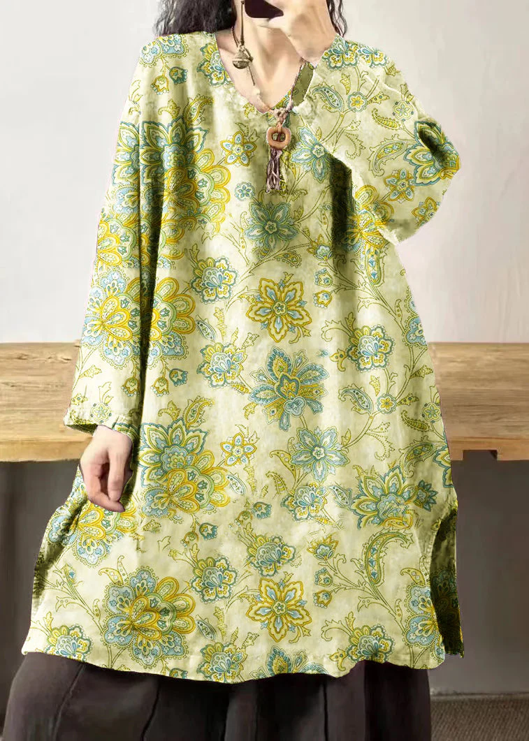Vintage Yellow stripes V Neck Embroidered Patchwork Linen Mid Dresses Fall - Image 9