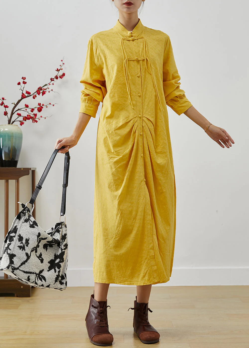 Vintage Yellow Tasseled Wrinkled Cotton Shirt Dress Fall