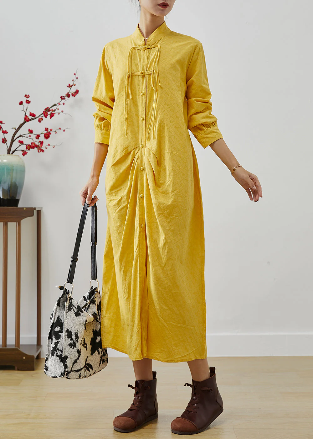 Vintage Yellow Tasseled Wrinkled Cotton Shirt Dress Fall - Image 2
