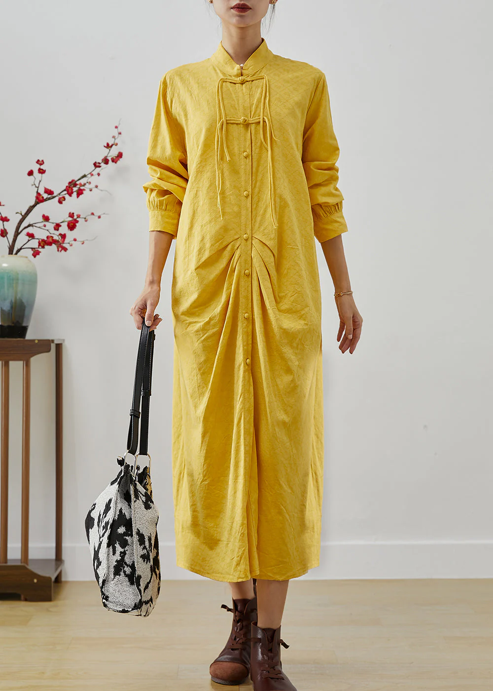 Vintage Yellow Tasseled Wrinkled Cotton Shirt Dress Fall - Image 3