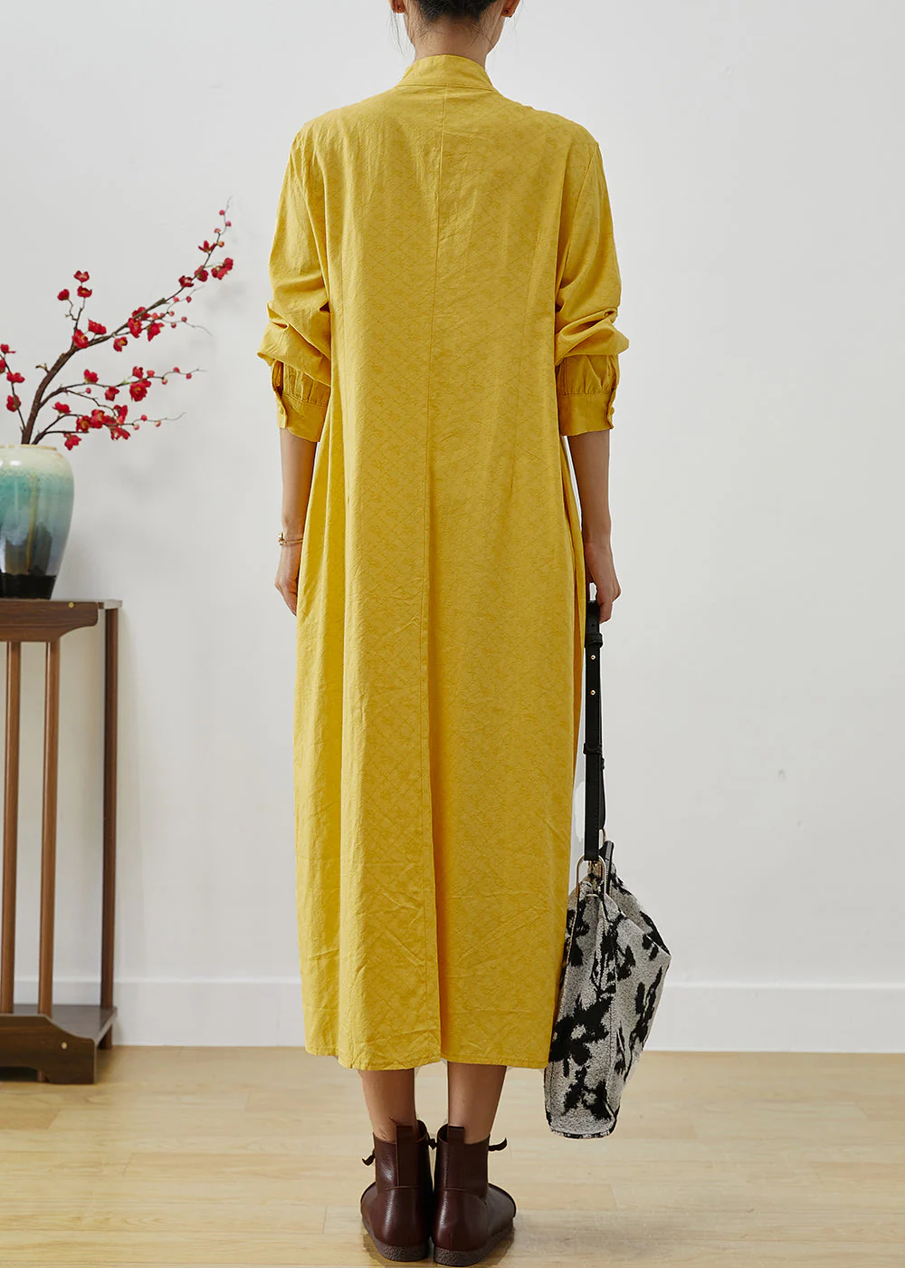 Vintage Yellow Tasseled Wrinkled Cotton Shirt Dress Fall - Image 4