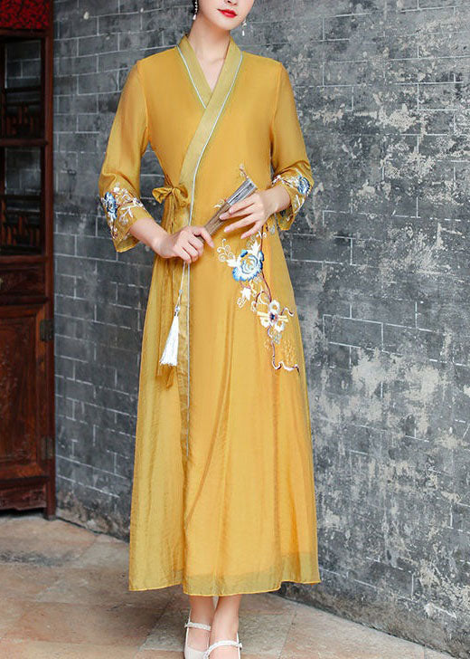 Vintage Yellow V Neck Embroideried Patchwork Silk Dress Summer - Image 2
