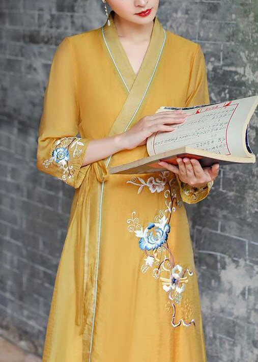 Vintage Yellow V Neck Embroideried Patchwork Silk Dress Summer - Image 3