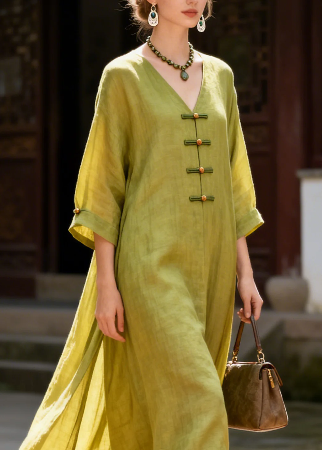 Vintage Yellow V Neck Side Open Solid Long Dresses Summer - Image 2