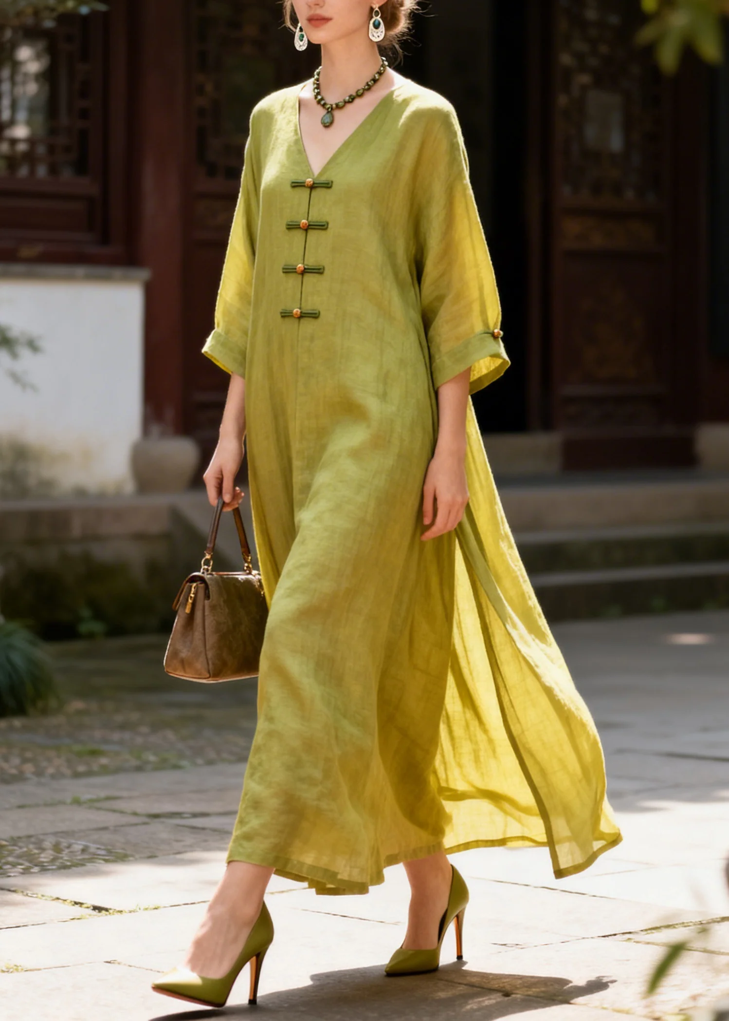 Vintage Yellow V Neck Side Open Solid Long Dresses Summer - Image 3