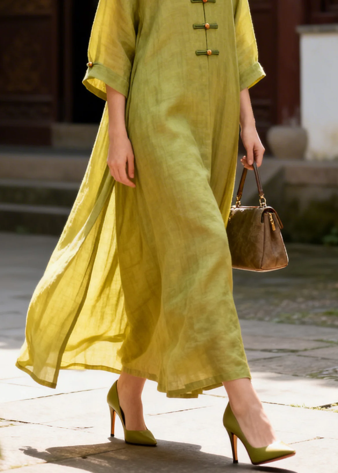 Vintage Yellow V Neck Side Open Solid Long Dresses Summer - Image 4
