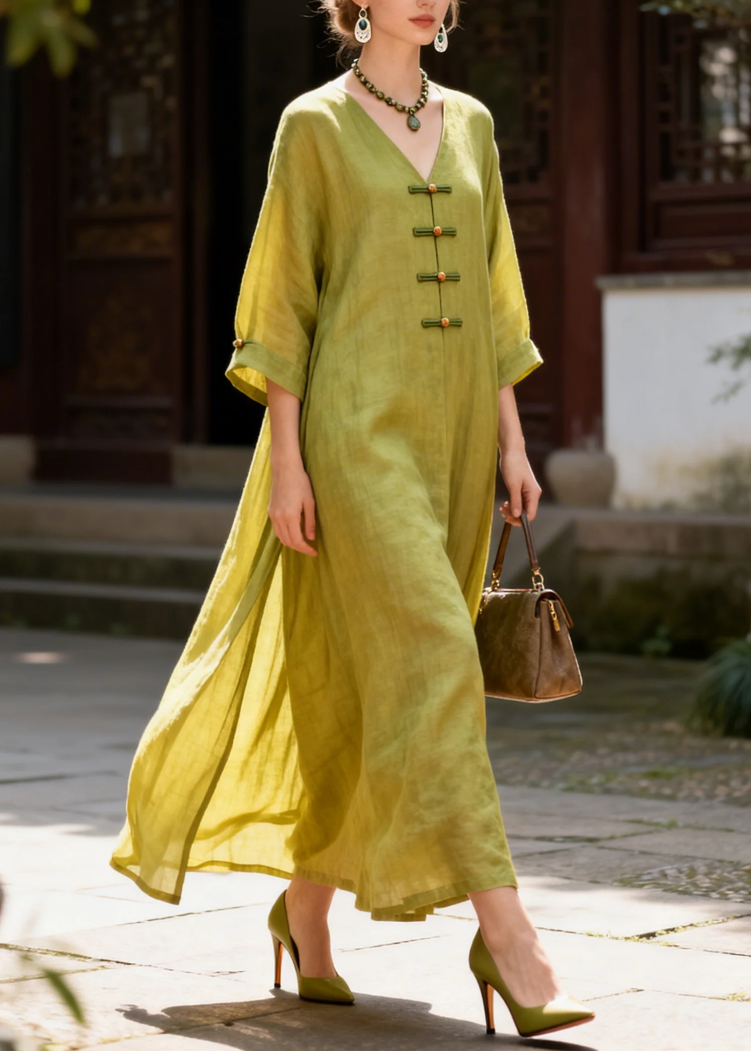 Vintage Yellow V Neck Side Open Solid Long Dresses Summer - Image 5