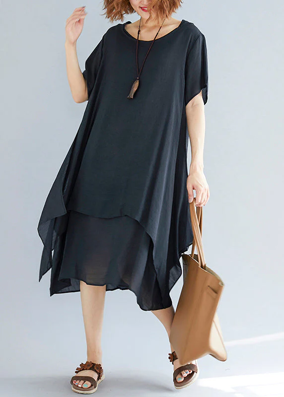 Vivid black flowers and birds linen-cotton tunics for women plus size Fabrics o neck asymmetric oversized Summer Dress - Image 3