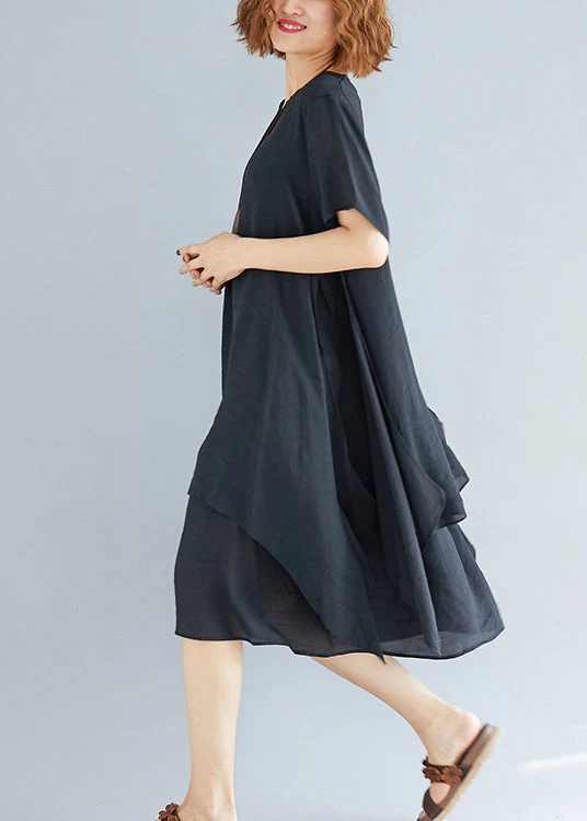 Vivid black flowers and birds linen-cotton tunics for women plus size Fabrics o neck asymmetric oversized Summer Dress - Image 4