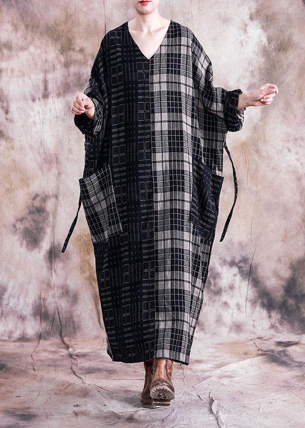 Vivid black plaid linen cotton Robes v neck tie waist Dresses fall Dresses - Image 3