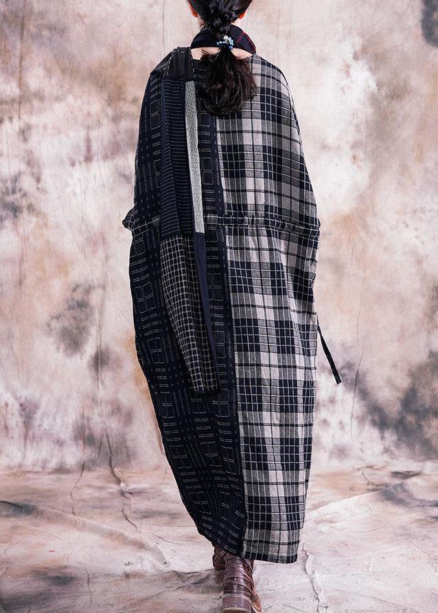 Vivid black plaid linen cotton Robes v neck tie waist Dresses fall Dresses - Image 4