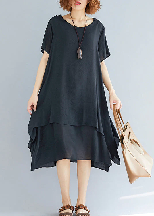 Vivid brown necklace linen-cotton tunics for women plus size Fabrics o neck asymmetric oversized Summer Dress - Image 3