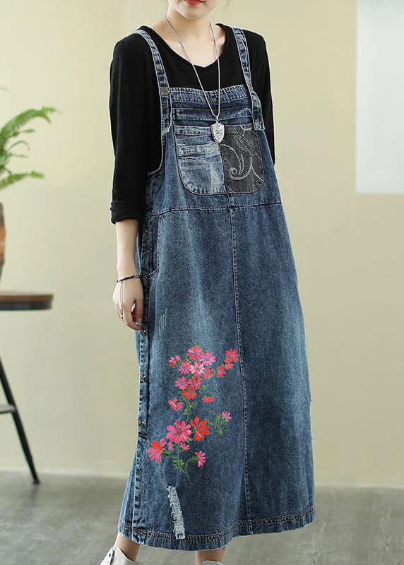 Vivid denim blue-letter tunic dress Slash neck Hole Maxi Dress - Image 2