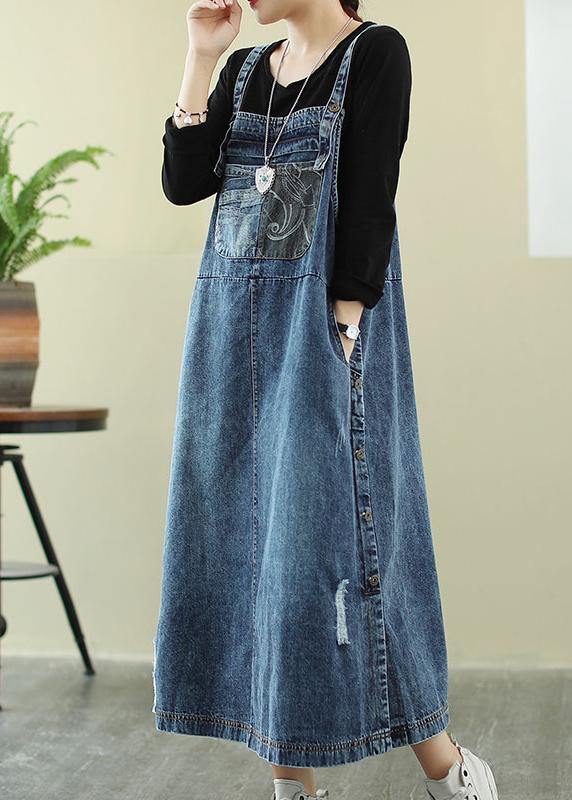Vivid denim blue-letter tunic dress Slash neck Hole Maxi Dress - Image 3