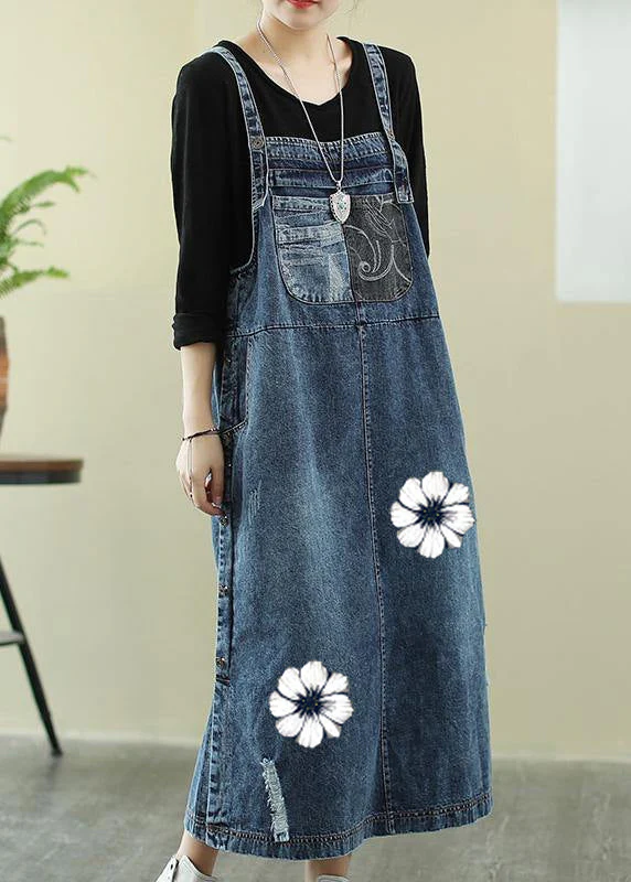 Vivid denim blue-letter tunic dress Slash neck Hole Maxi Dress - Image 4