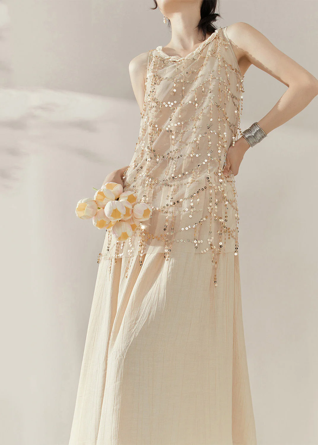 Vogue Apricot Long Dress Summer Sequins Patchwork - Image 3
