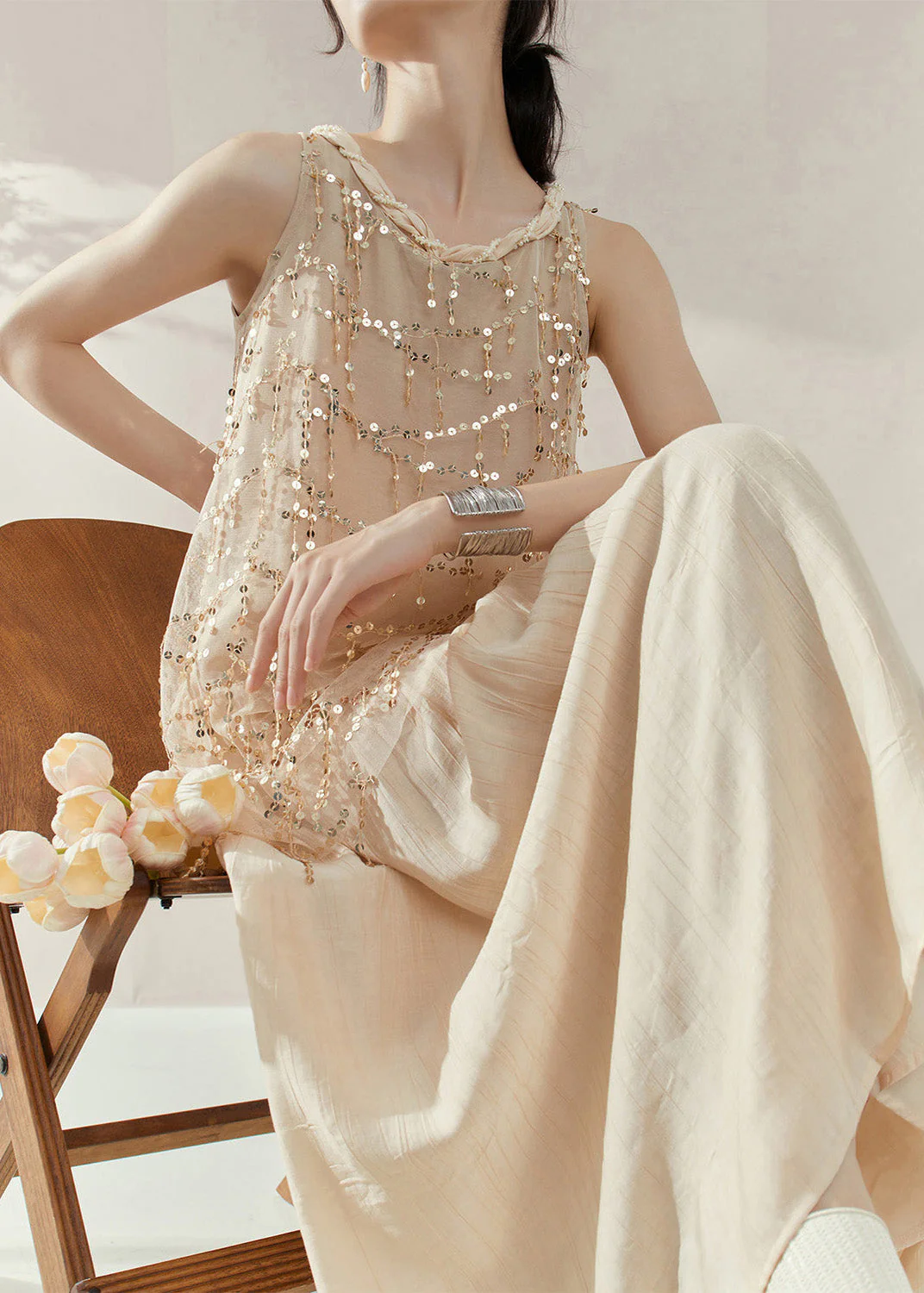 Vogue Apricot Long Dress Summer Sequins Patchwork - Image 4