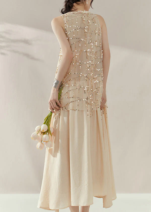 Vogue Apricot Long Dress Summer Sequins Patchwork - Image 5