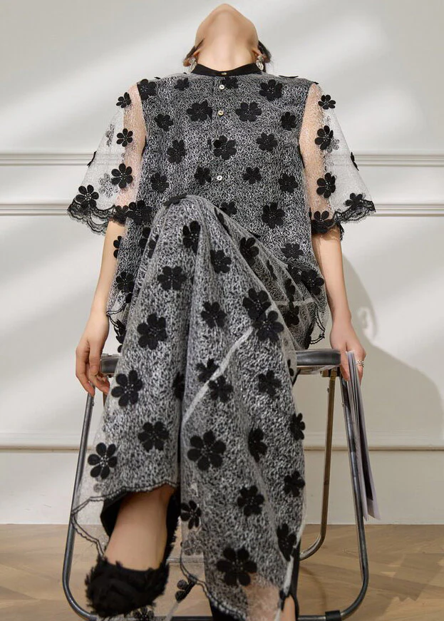 Vogue Black Embroidered Floral Tulle Top And Maxi Skirts Two Pieces Set Short Sleeve - Image 3