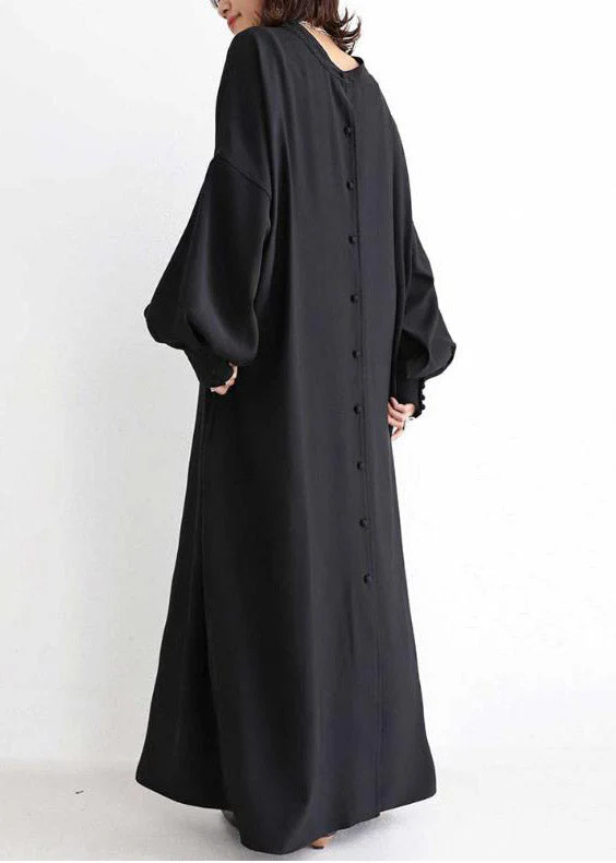 Vogue Black O-Neck Button Maxi Dress Long Sleeve - Image 3