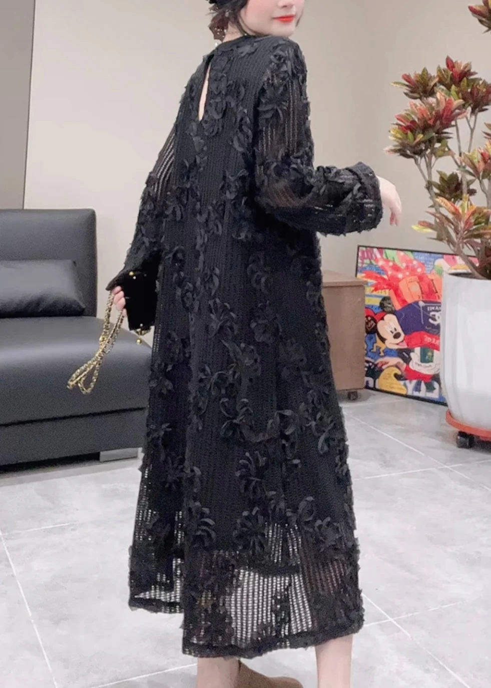 Vogue Black O-Neck Floral Hollow Out Maxi Dress Spring - Image 4