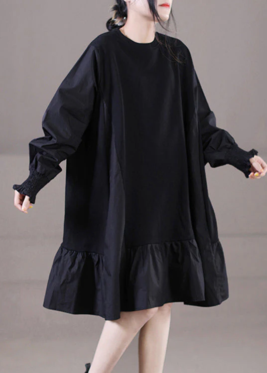 Vogue Black O-Neck Ruffles Patchwork Mid Dresses Long Sleeve - Image 2