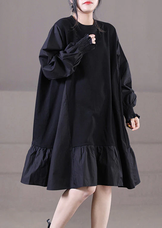 Vogue Black O-Neck Ruffles Patchwork Mid Dresses Long Sleeve - Image 3