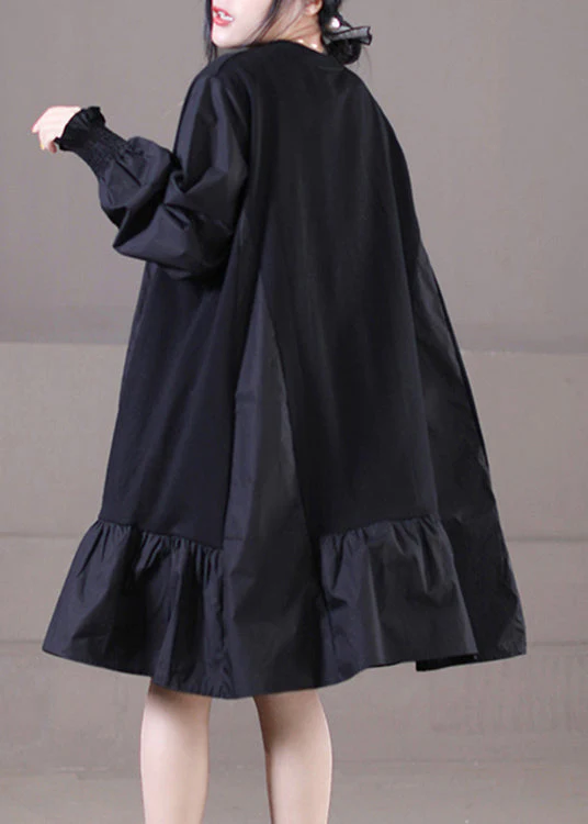 Vogue Black O-Neck Ruffles Patchwork Mid Dresses Long Sleeve - Image 4