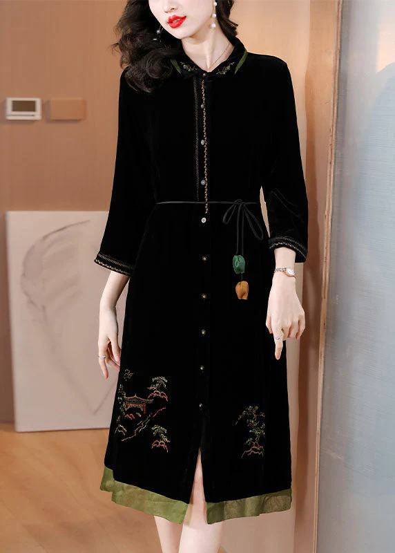Vogue Black Peter Pan Collar Embroidered Tie Waist Silk Velour Vacation Dresses Fall - Image 2