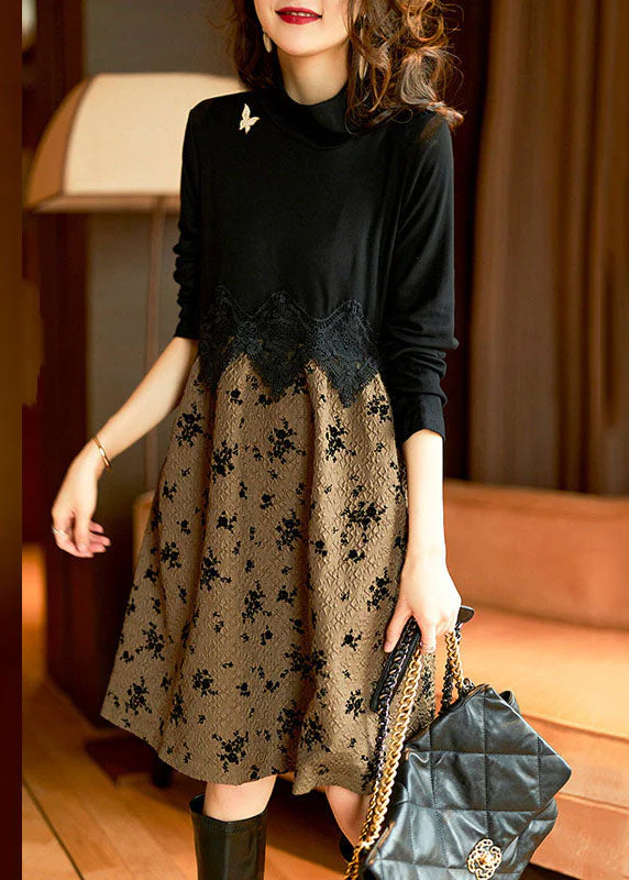 Vogue Black Turtleneck Lace Patchwork Maxi Dress Fall - Image 2