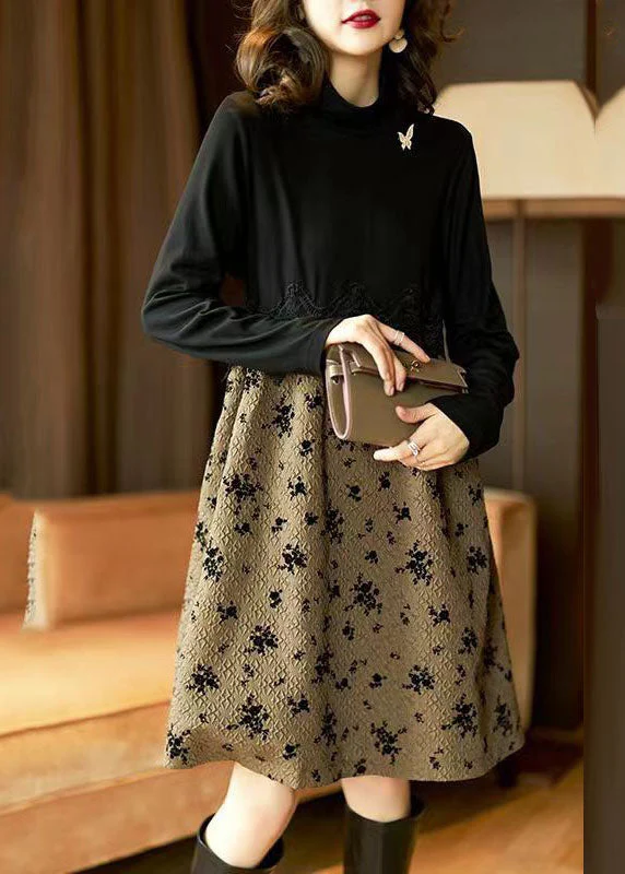 Vogue Black Turtleneck Lace Patchwork Maxi Dress Fall - Image 3