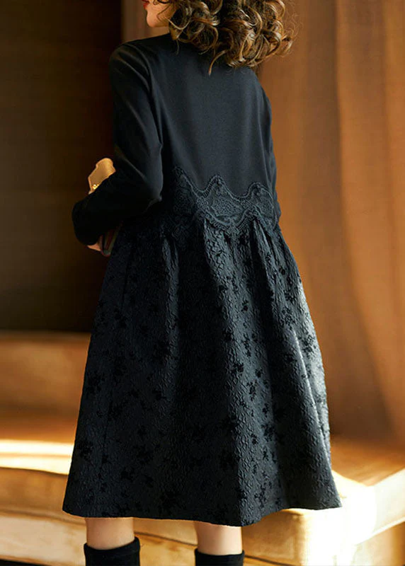 Vogue Black Turtleneck Lace Patchwork Maxi Dress Fall - Image 4