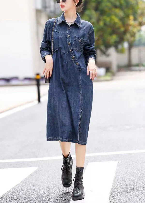 Vogue Blue Asymmetrical Patchwork Side openOpen Button Denim Long Dresses Fall - Image 2
