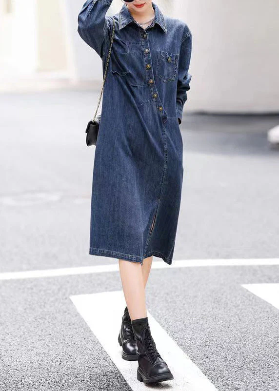 Vogue Blue Asymmetrical Patchwork Side openOpen Button Denim Long Dresses Fall - Image 3
