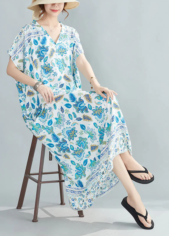 Vogue Blue Print Cotton Holiday Maxi Dresses Summer - Image 3